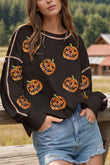 Sequin Pumpkin Round Neck Long Sleeve Sweatshirt