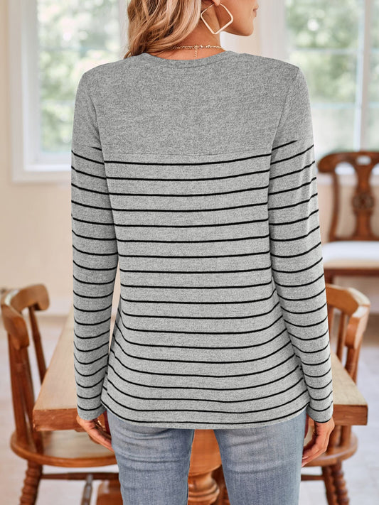 Lovelet Quarter Button Striped Round Neck Long Sleeve T-Shirt