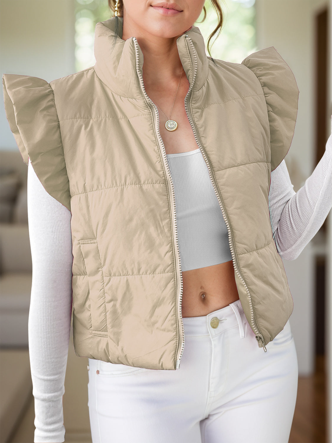 Pocketed Zip Up Cap Sleeve Jacket