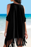 Fringe V-Neck Cold Shoulder Cover Up