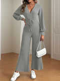 V-Neck Long Sleeve Wide Leg Jumpsuit