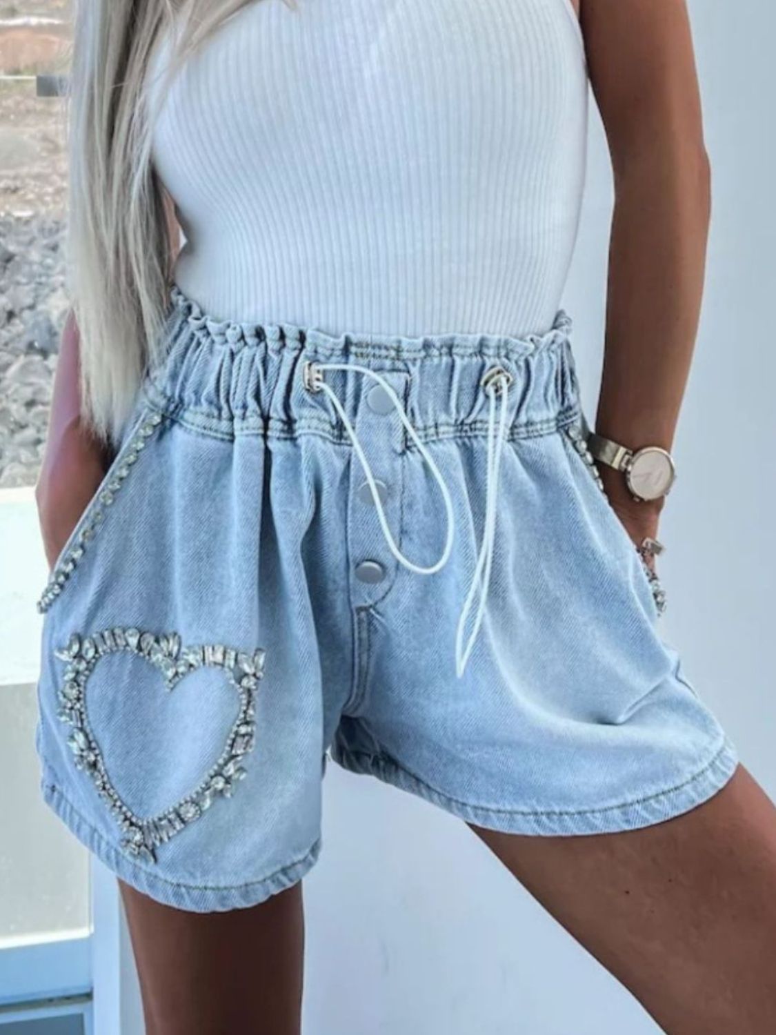 Rhinestone Drawstring Denim Shorts