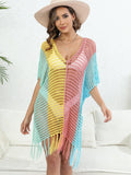 Fringe Color Block Scoop Neck Cover Up