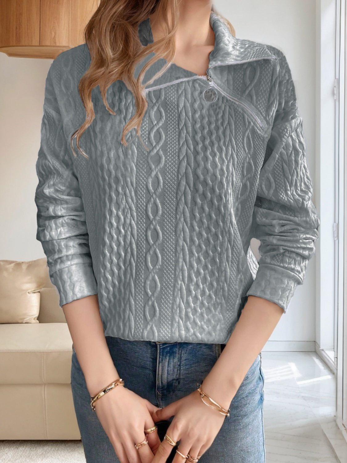 Oblique Zipper Collared Neck Long Sleeve Sweatshirt