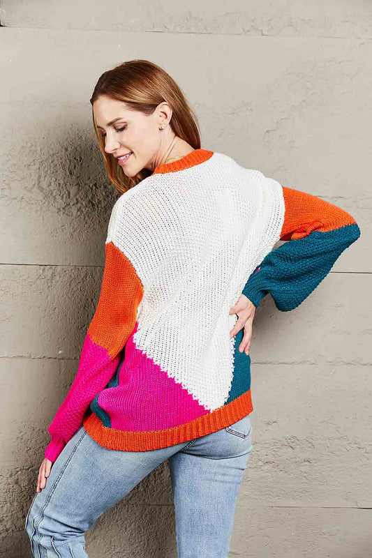 Double Take Color Block Round Neck Drop Shoulder Sweater