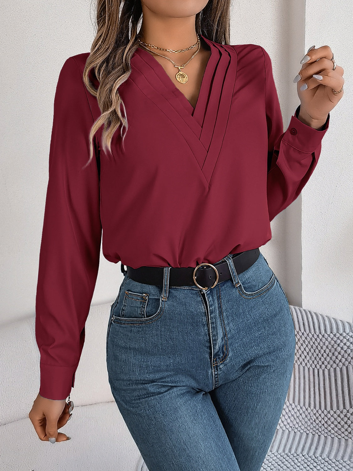 V-Neck Long Sleeve Blouse