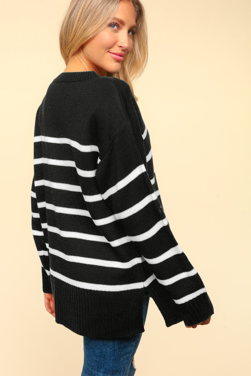 Haptics Full Size Striped Contrast Side Slit Sweater