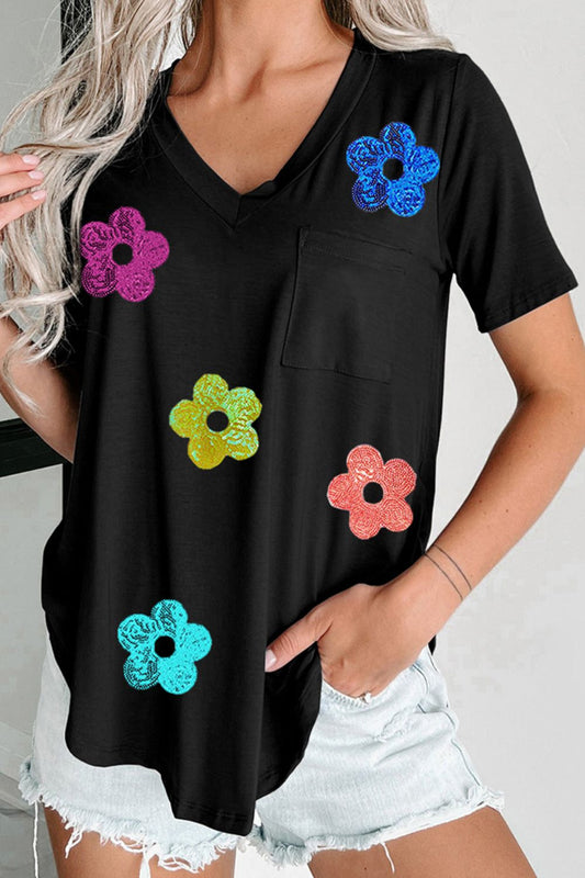 Sequin Flower V-Neck Short Sleeve T-Shirt