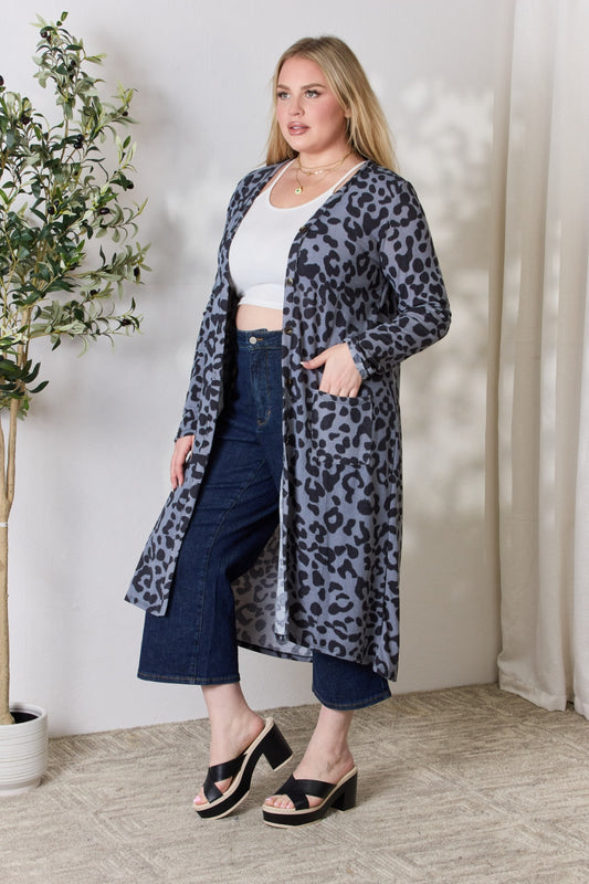 Celeste Full Size Button Up Animal Print Cardigan