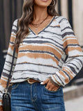 Contrast Stripes V-Neck Long Sleeve T-Shirt