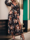 Slit Printed Surplice Long Sleeve Maxi Dress