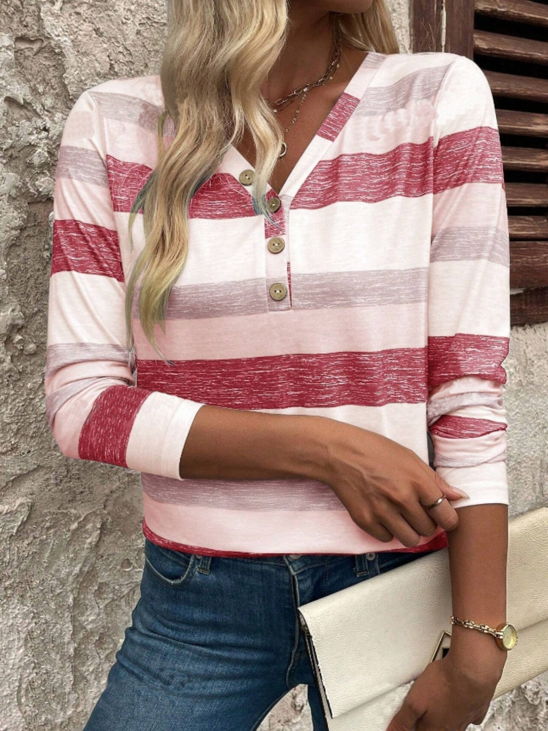 Contrast Striped V-Neck Long Sleeve T-Shirt