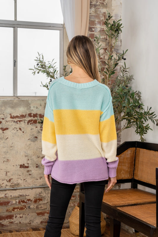 Sew In Love Full Size Color Block Exposed Seam Sweater