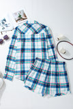 Plaid Button Down Long Sleeve Shirt and Shorts Lounge Set