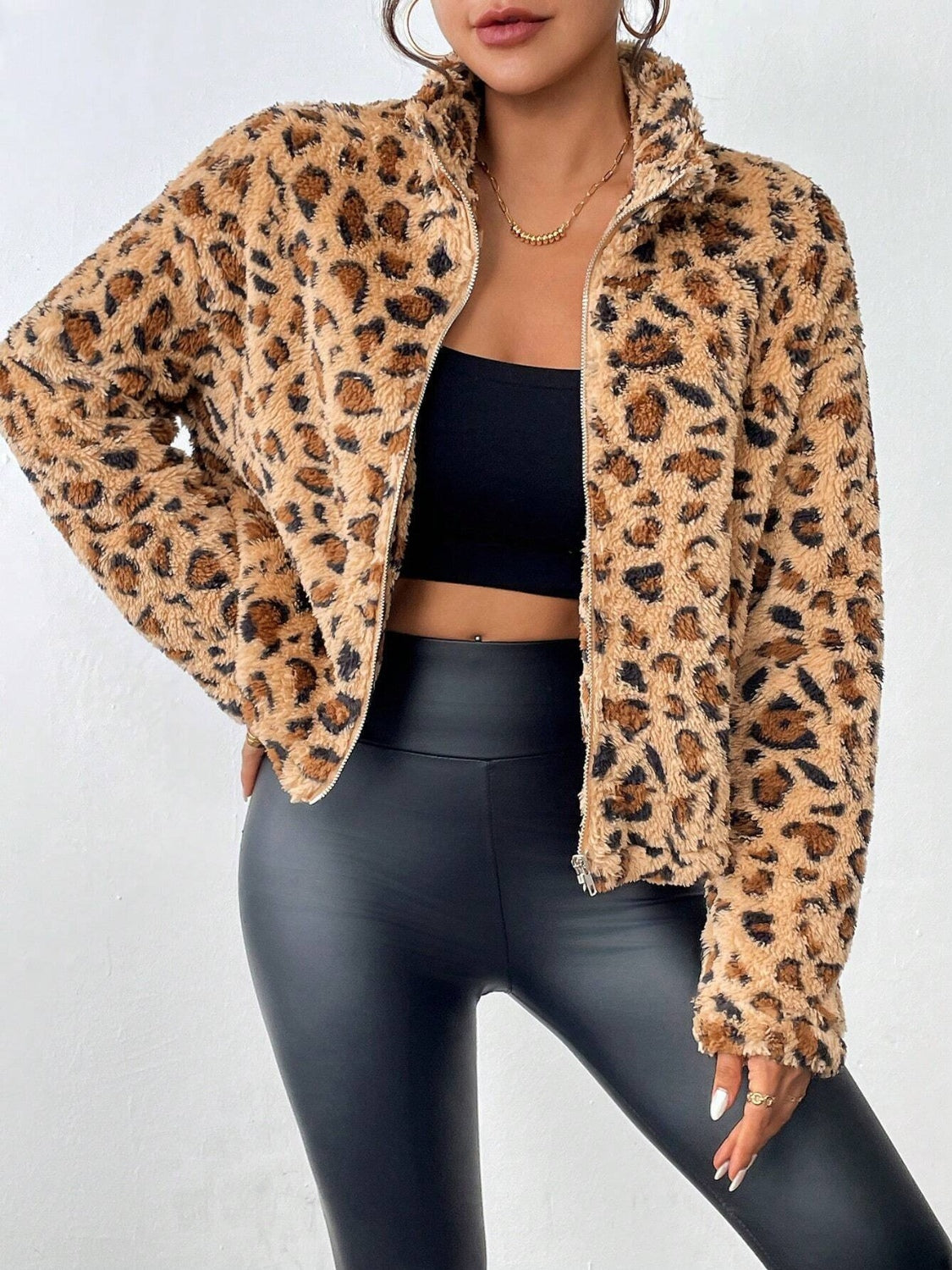 Fuzzy Turtleneck Leopard Zip Up Jacket