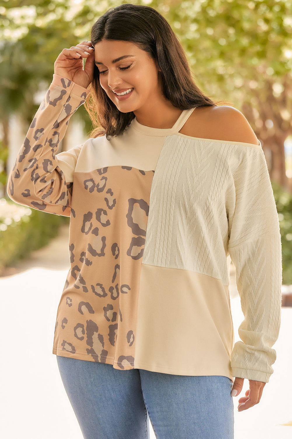 Plus Size Leopard Color Block Long Sleeve T-Shirt