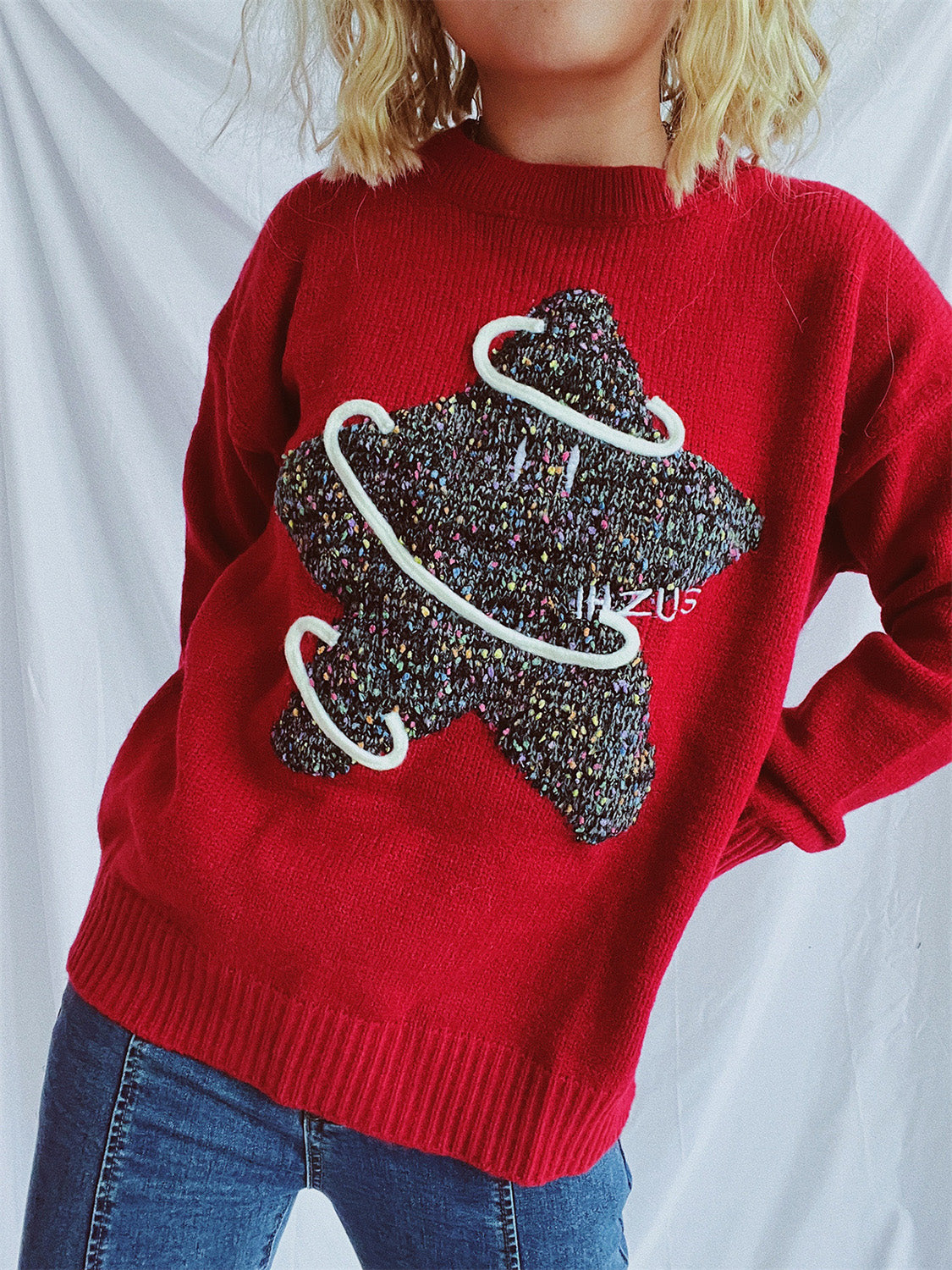 Contrast Star Round Neck Long Sleeve Sweater