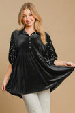 Umgee Pearl Detail Half Sleeve Velvet Babydoll Blouse