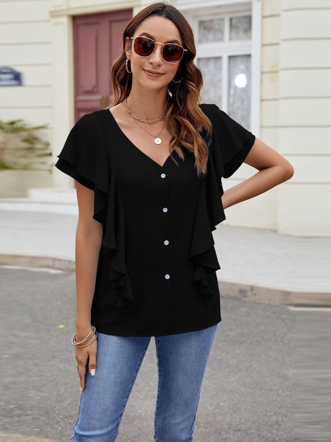 Ruffled V-Neck Short Sleeve Top