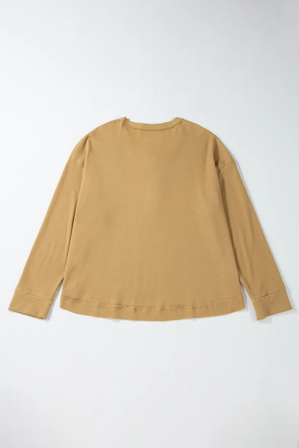 Waffle-Knit Half Button Round Neck Long Sleeve Top