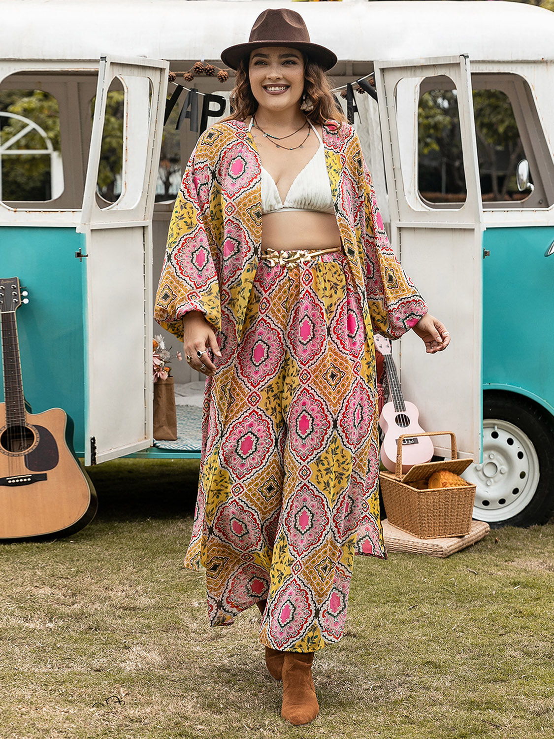 Beach Plus Size Printed Open Front Cover Up and Pants Set