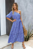 Printed One-Shoulder Tie Belt Maxi Dress