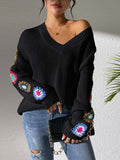 Crochet Flower V-Neck Sweater