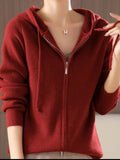 Drawstring Zip Up Long Sleeve Hooded Sweater