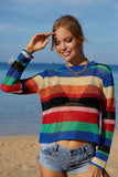 Rainbow Stripe Openwork Long Sleeve Cover-Up