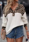 Waffle-Knit Leopard V-Neck Long Sleeve Blouse