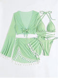 Halter Neck Bra, Bottom, Tassel Flare Sleeve Cover-Up and Skirt Four-Piece Swim Set