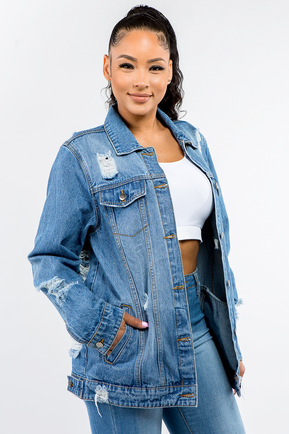 American Bazi Full Size Button Up Distressed Denim Jacket