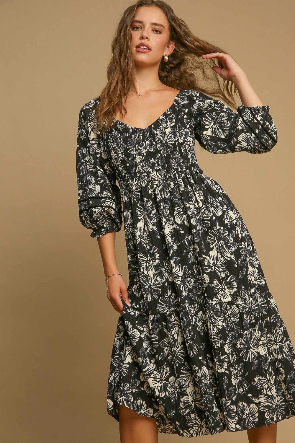 Umgee Ruffle Hem Flower Printed V-Neck Dress