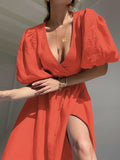 Surplice Balloon Sleeves Tied Dress