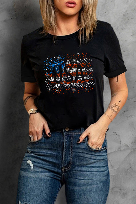 USA Rhinestone Round Neck Short Sleeve T-Shirt