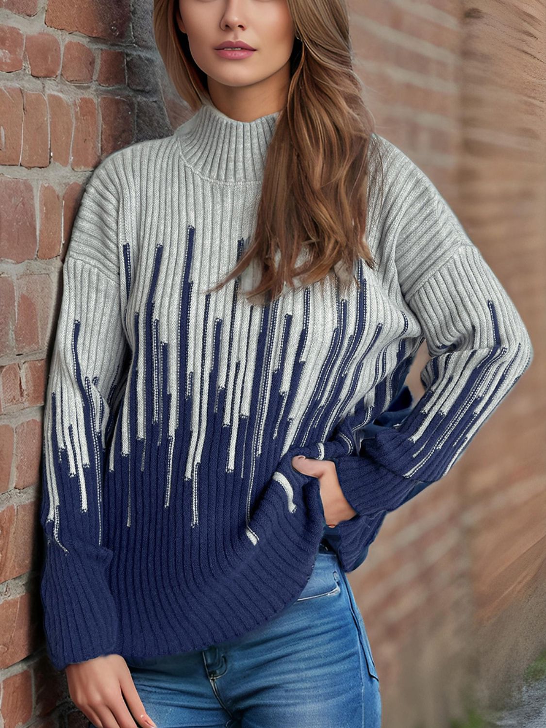 Contrast Mock Neck Long Sleeve Sweater