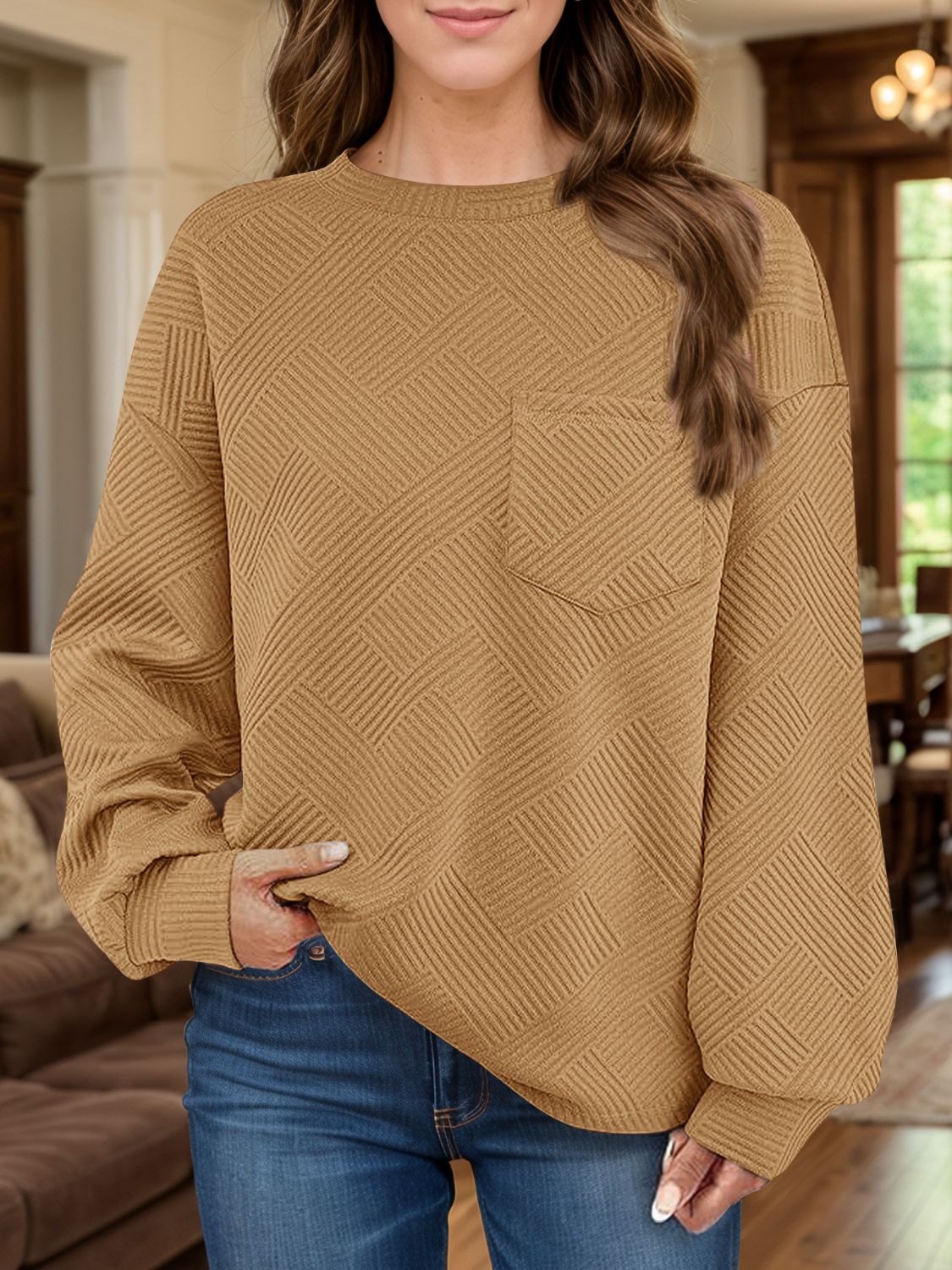 Full Size Texture Round Neck Long Sleeve Sweatshirt