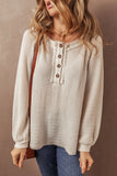 Waffle-Knit Half Button Round Neck Long Sleeve Top