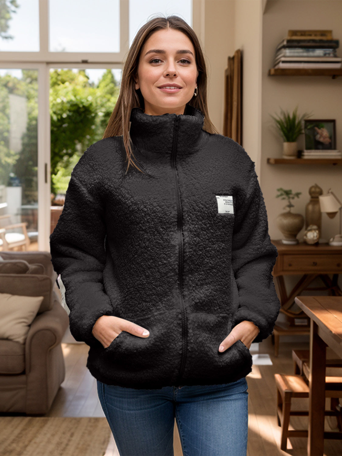 Full Size Turtleneck Zip Up Long Sleeve Sherpa Jacket