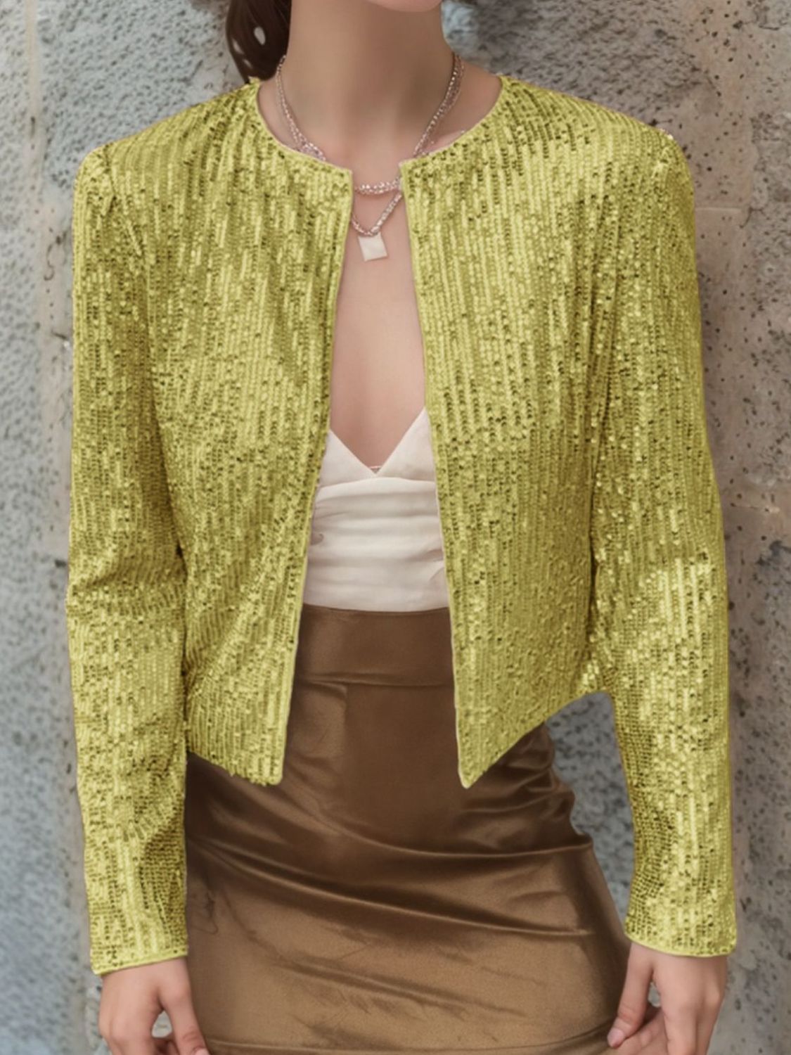 Full Size Sequin Open Front Cropped Jacket