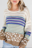 Leopard Striped Round Neck Crochet Knit Top