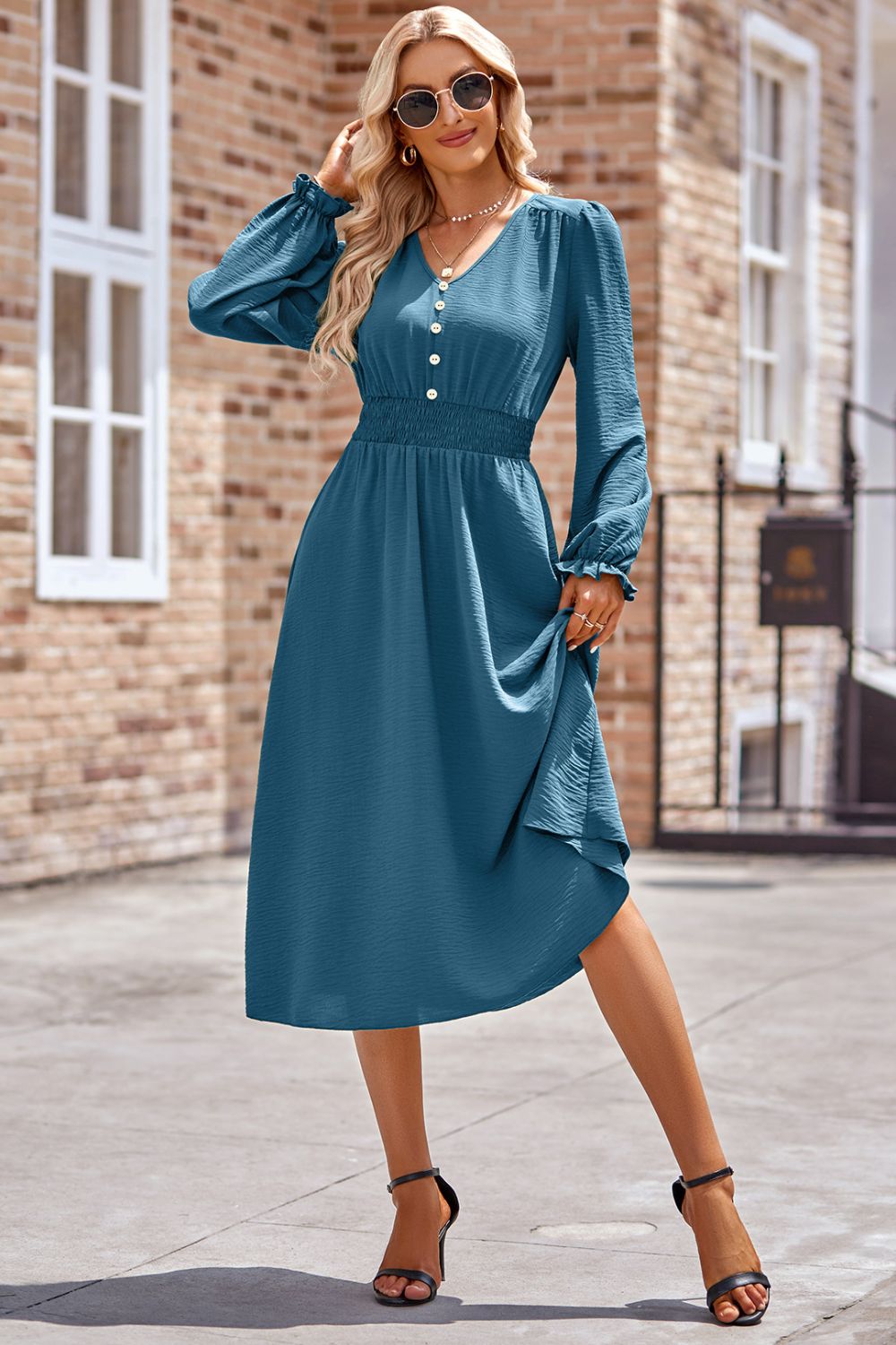 Smocked V-Neck Flounce Sleeve Midi Dress