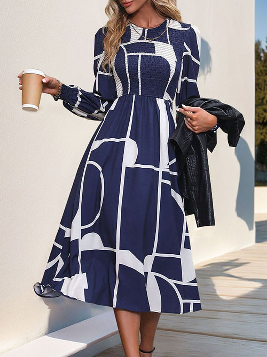 Smocked Color Block Long Sleeve Midi Dress