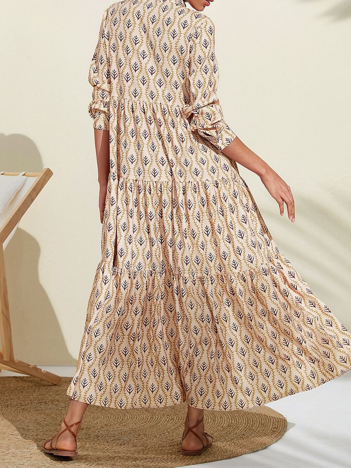 Printed Notched Long Sleeve Midi Dress