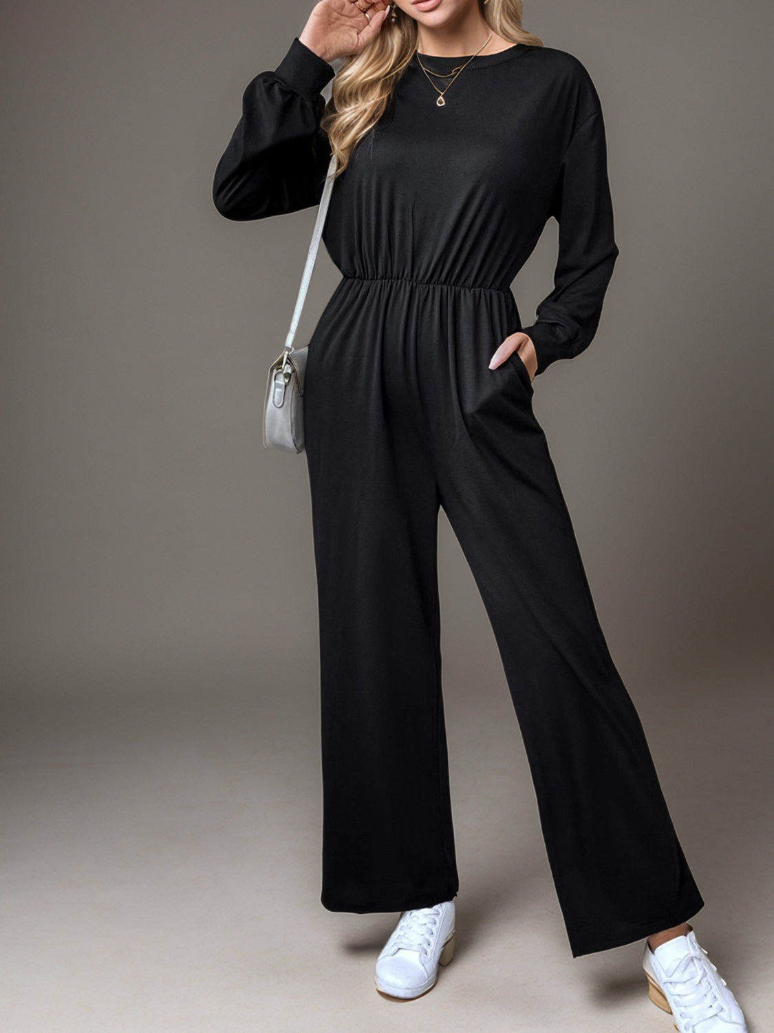 Tied Round Neck Wide Leg Jumpsuit