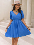 Tied Swiss Dot V-Neck Short Sleeve Dress