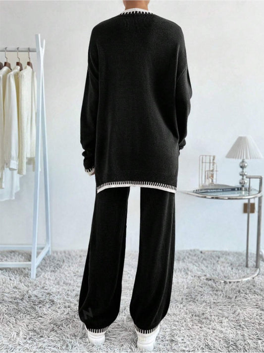 Side Slit Contrast Trim Round Neck Top and Pants Sweater Set