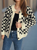 Checkered Button Up Round Neck Cardigan