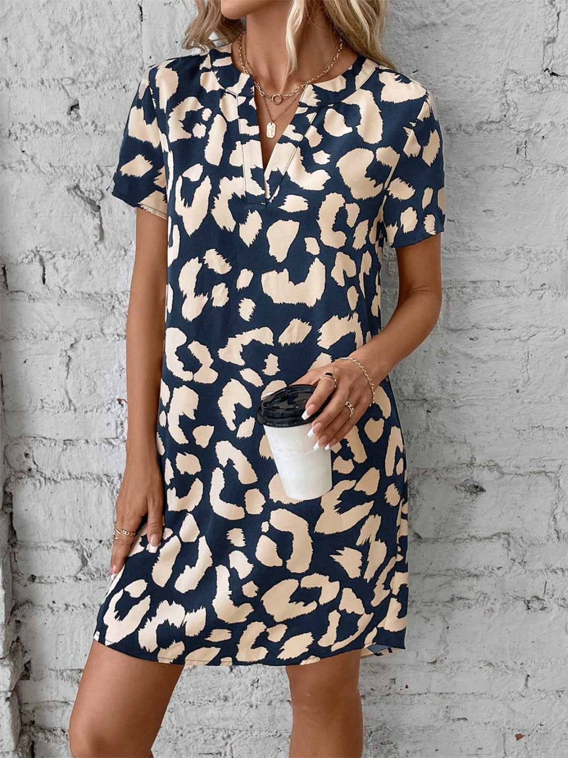 Printed Notched Short Sleeve Mini Dress