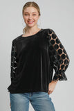 Umgee Polka Dot Lace Long Sleeve Round Neck Blouse